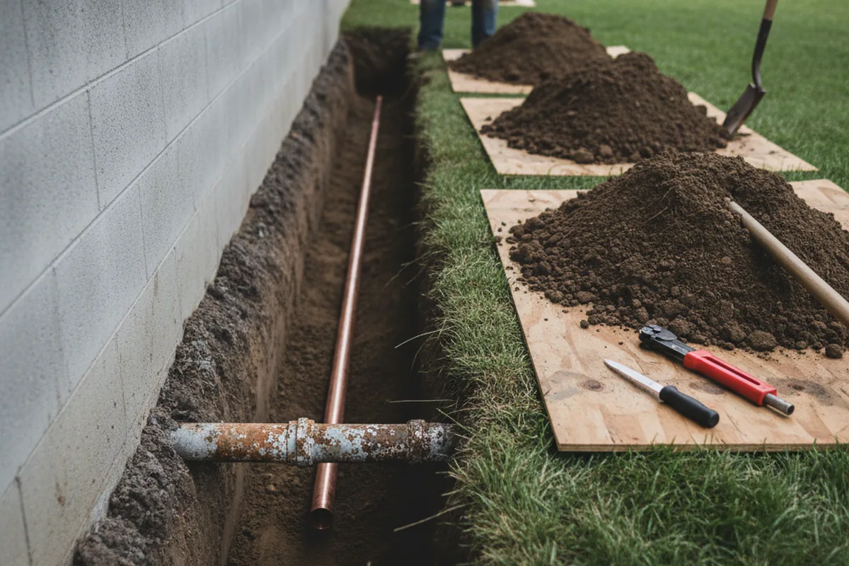 Excavated water line trench during Water Softener Installation in Paris
